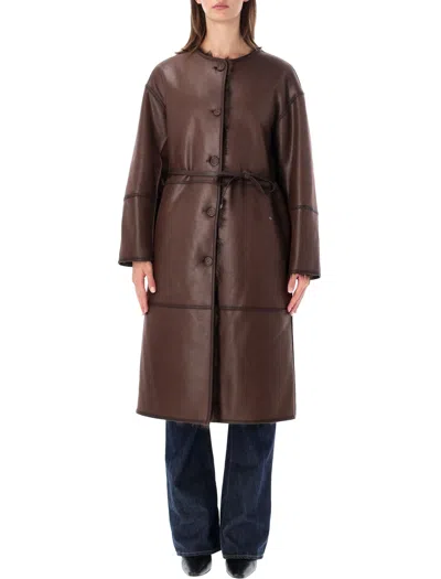 Urbancode Belted Faux Fur Trim Long Coat In Brown