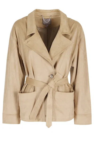 Urbancode Biscuit Belted Suede-effect Polyester Jacket In Brown