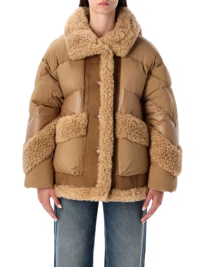 URBANCODE URBANCODE CAMEL SHORT PUFFER JACKET WITH FAUX SHEARLING