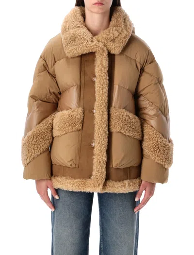 URBANCODE CAMEL SHORT PUFFER JACKET WITH FAUX SHEARLING
