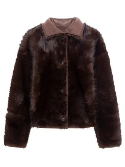Urbancode Cropped Reversible Coat With Luxurious Fur And Leather Textures In Brown
