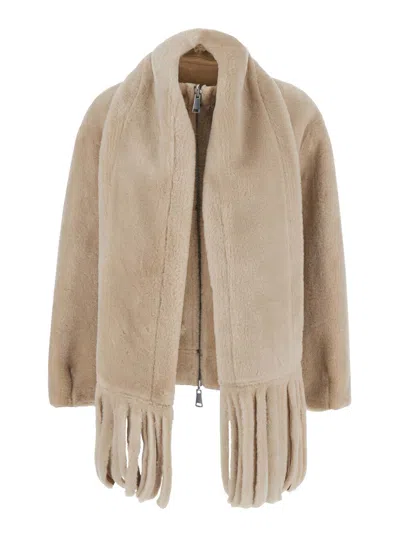 Urbancode Faux Fur Jacket With Reversible Design And Scarf Collar In Beige