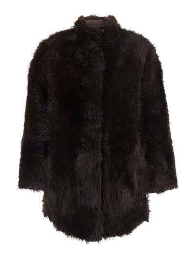 Urbancode Faux Fur Reversible Jacket With High Collar In Brown
