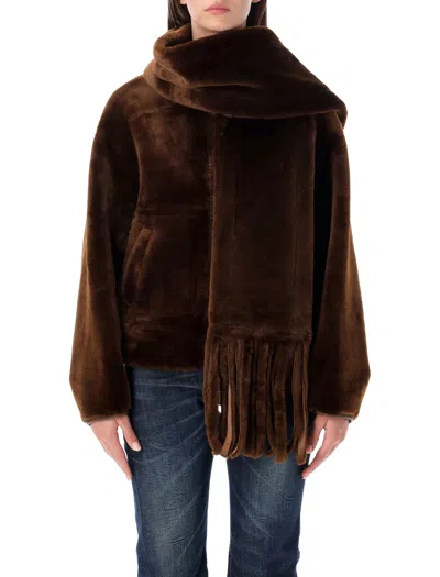 Urbancode Faux Fur Scarf-detail Jacket In Brown