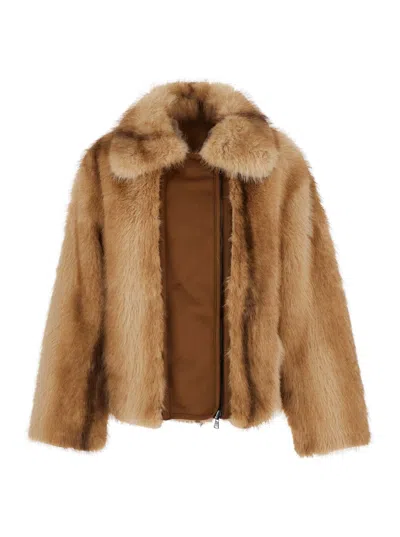 Urbancode Faux Fur Shearling Jacket With Wide Collar And Zip Closure For Women In Beige