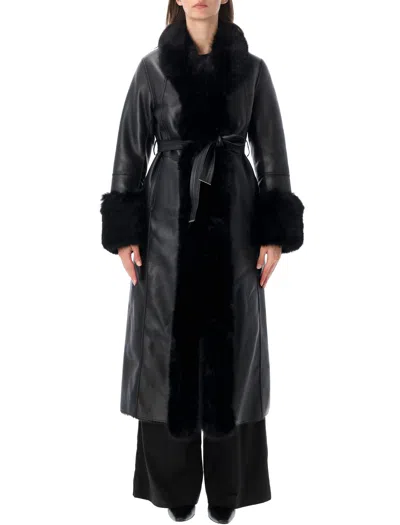 Urbancode Faux Leather Faux Fur Trim Belted Long Coat In Black