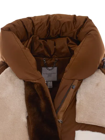 Urbancode Faux-fur Patchwork Puffer Jacket In Brown