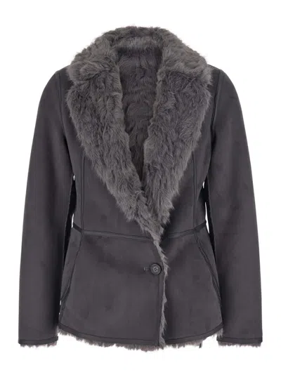 Urbancode Faux-fur Reversible Fur Jacket With Lapel Collar & Side Pockets In Grey