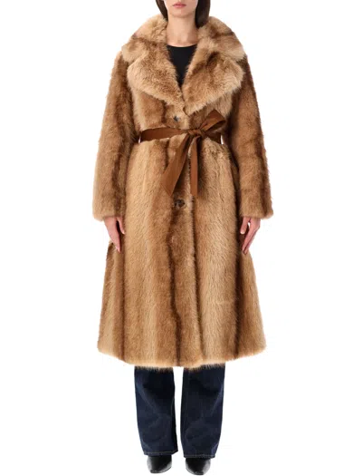Urbancode Long Faux Fur Belted Coat In Brown