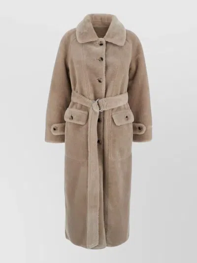 Urbancode Long Faux Fur Coat Belted Waist In Brown