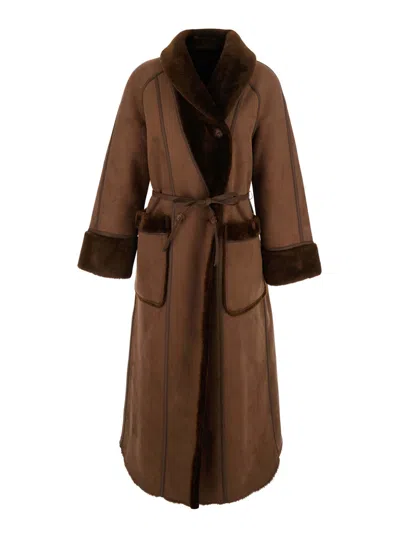 Urbancode Reversible Eco-fur Long Fur Jacket With Waist Belt And Lapel Collar For Women In Brown