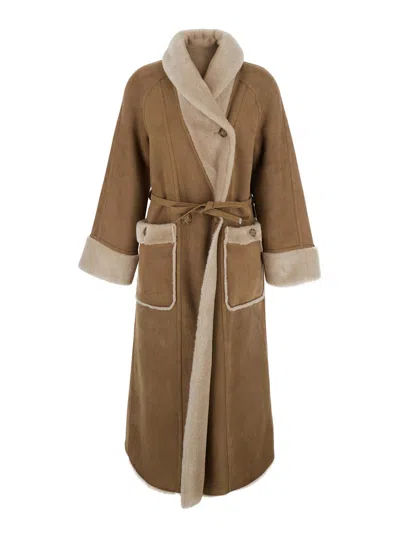 Urbancode Reversible Eco-fur Long Jacket With Waist Belt And Lapel Collar In Beige