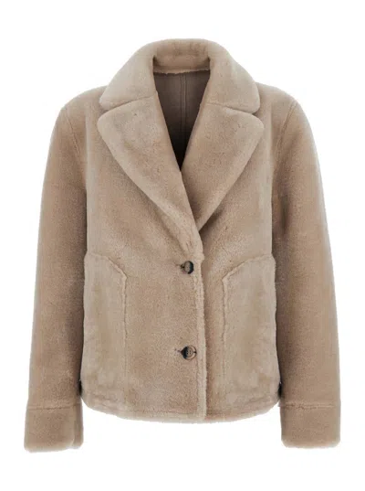 Urbancode Reversible Eco-fur Shearling Jacket With Notched Collar And Button Front In Beige