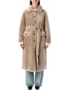 Urbancode Beige Shearling Coat With Classic Collar And Waist Belt In Faux Fur Woman In Brown