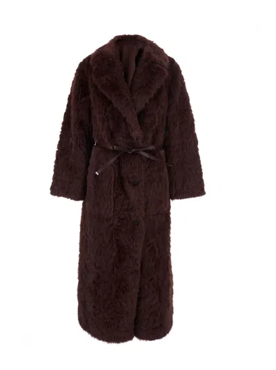 Urbancode Reversible Faux Fur Jacket With Waist Belt In Bordeaux