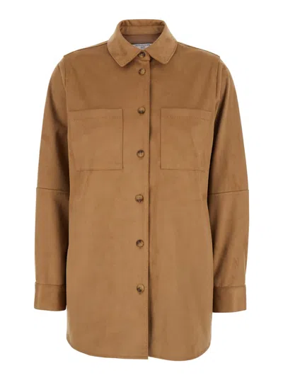 URBANCODE BROWN SHIRT WITH CLASSIC COLLAR IN TECH FABRIC STRETCH WOMAN