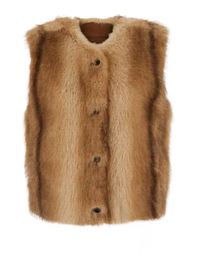 Urbancode Women's Eco-fur Round Collar Gilet With Button Closure In Beige