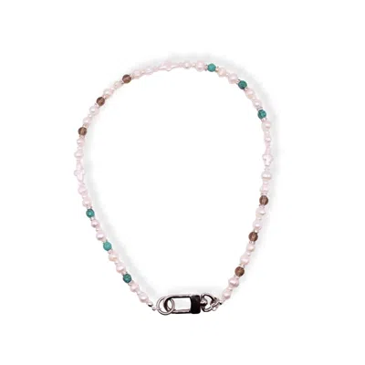 Urbane Jewelry Studio Men's White / Blue / Silver Ghost Pearl Necklace W/ Turquoise & Smoky Quartz In Multi