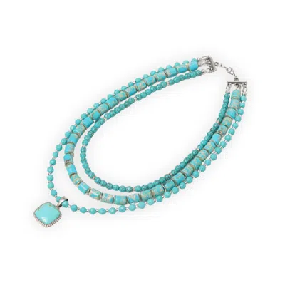 Urbane Jewelry Studio Women's Blue Three-strand Turquoise Beaded Statement Necklace W/ Square Pendant