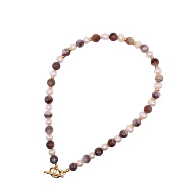 Urbane Jewelry Studio Women's White / Grey / Gold Freshwater Pearl & Botswanan Agate Necklace In White/grey/gold