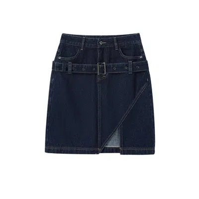 Urbanic Women's Blue / Black Straight Denim Skirt With Belt - Dark Blue