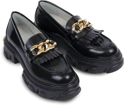 Urbnkicks Women's Gold / Black Gold Chain Black Loafer In Gold/black