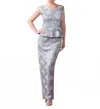 Ursula Of Switzerland Peplum Tank Embroidered Gown In Silver In Silver