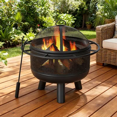 Urund 24 Inch Wood Burning Fire Pit With Log Grate And Mesh Screen For Outside In Black