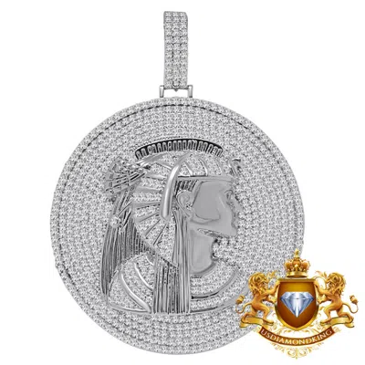 Pre-owned Us Diamond King 10k White Gold On Sterling Silver Egyptian Queen Nefertiti Pendant Charm 2.85'' In White/clear