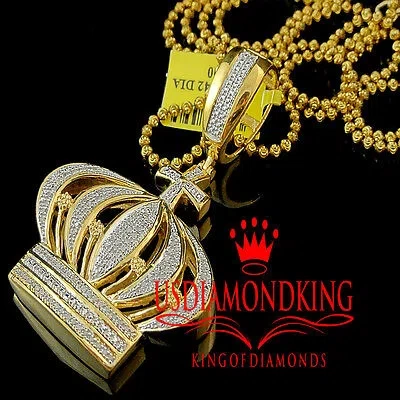 Pre-owned Us Diamond King 10k Yellow Gold Finish Kings Crown Cross Genuine Diamond Pendant Charm 0.40 Ctw In Yellow/clear