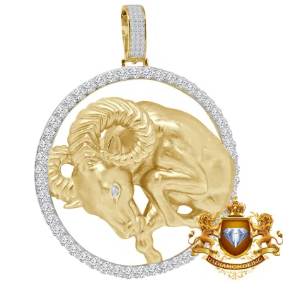 Pre-owned Us Diamond King 3d Xl 2.75'' Genuine Sterling Silver Aries Ram Lucky Zodiac Sign Pendent Charm In Yellow Gold Over