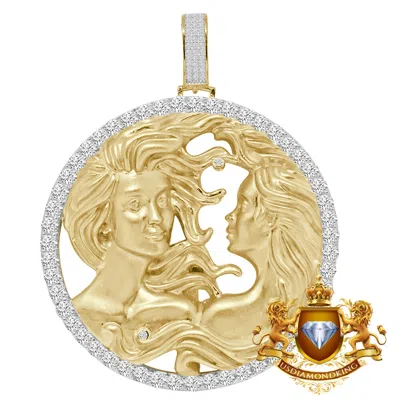 Pre-owned Us Diamond King 3d Xl 2.75'' Real Sterling Silver Gemini Twins Face Zodiac Sign Pendent Charm In Yellow Gold Over