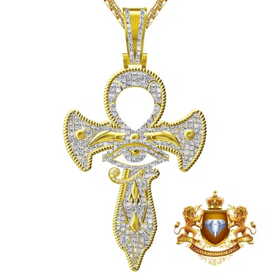 Pre-owned Us Diamond King Genuine Diamond 0.60 Cwt. Egyptian Ankh Cross Horus Evil Eye Of Ra Pendent Charm In Yellow Gold Finish