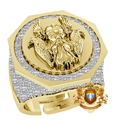 Pre-owned Us Diamond King Genuine Diamond 1.25 Cwt. Viking Norus God Odin Ravens Huginn Muninn Men's Ring In Yellow