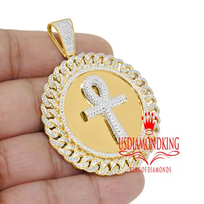 Pre-owned Us Diamond King Genuine Diamond Egyptian Ankh Cross Charm Gold Tone Pendant Round Medallion 2.5' In Yellow/clear