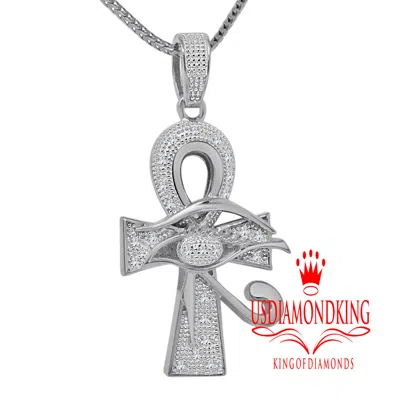 Pre-owned Us Diamond King Genuine Diamond Evil Eye Pointed Ankh Cross Pendant 2" Charm 10k White Gold Over In White/clear