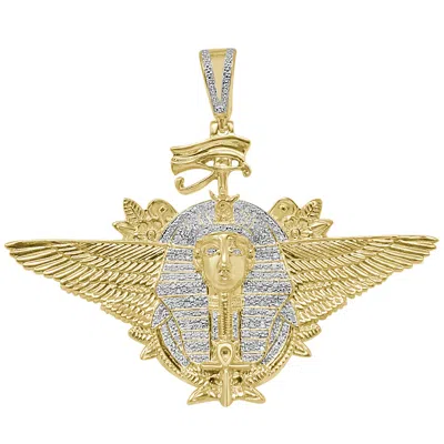 Pre-owned Us Diamond King Genuine Diamond Flying Egyptian Pharaoh Mummy Eye Of Ra Ankh Cross Pendent Charm In Yellow Gold Finish