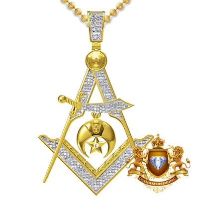 Pre-owned Us Diamond King Genuine Diamond Freemasonry Masonic Shriners Compass Charm Pendent Chain Set In Yellow Gold Finish