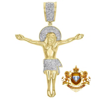 Pre-owned Us Diamond King Genuine Diamond Jesus Christ Crucifix Cross Charm 10k Gold Over Pendent 2.5'' In Yellow Gold Finish