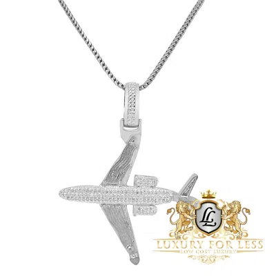 Pre-owned Us Diamond King Men's 100% Real Genuine Diamond 10k Gold Finish Airplane Pendent Charm Chain Set In White Gold Finish