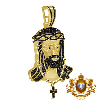 Pre-owned Us Diamond King Men's Real Black Diamond 2.25 Cwt. Jesus Face Piece Wearing Cross Pendent Charm In Yellow Gold Finish