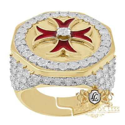 Pre-owned Us Diamond King Men's Real Diamond 10k Gold Over Knight Templar Cross Enamel Masonic Band Ring In Yellow Gold Finish