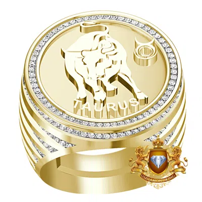 Pre-owned Us Diamond King Men's Real Genuine Diamond 1.00 Ct. Zodiac Sign Taurus Bull Lucky Ring Band 24mm In Yellow
