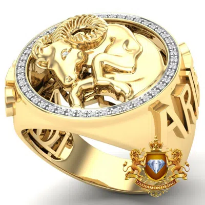 Pre-owned Us Diamond King Men's Real Genuine Diamond 10k Gold Finish Zodiac Sign Aries Ram Ring Band In H