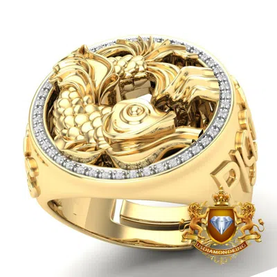 Pre-owned Us Diamond King Men's Real Genuine Diamond 10k Gold Finish Zodiac Sign Pisces Fish Ring Band In H
