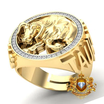 Pre-owned Us Diamond King Men's Real Genuine Diamond 10k Gold Finish Zodiac Sign Taurus Bull Ring Band In H