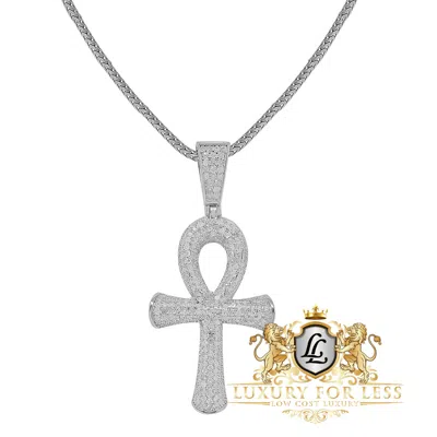 Pre-owned Us Diamond King Men's Real Genuine Diamond 1.45 Cwt Egyptian Ankh Cross Pendent Charm Chain Set In White Gold Finish