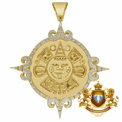 Pre-owned Us Diamond King Men's Real Genuine Diamond Mayan Aztec Sun Calendar Pendant 10k Gold Over Charm In Yellow Gold Finish