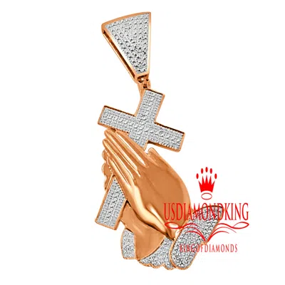 Pre-owned Us Diamond King Mens Genuine Diamond Cross Praying Hand 10k Rose Gold Finish Charm Pendant 2.5'' In Rose Gold/clear