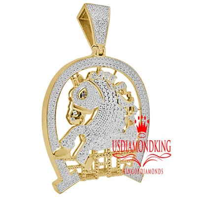 Pre-owned Us Diamond King Mens Genuine Real Diamond Lucky Horse Shoes Charm 10k Gold Finish Pendent 2.5'' In Yellow/clear